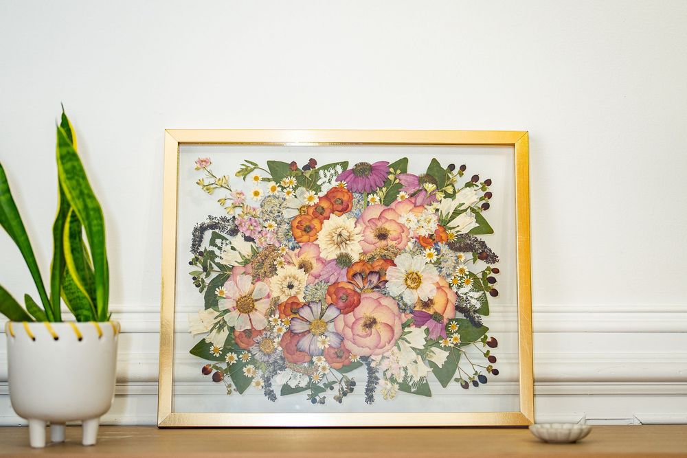 Gold framed pressed flower botanical art print displayed on wooden shelf beside a snake plant in white pot.
