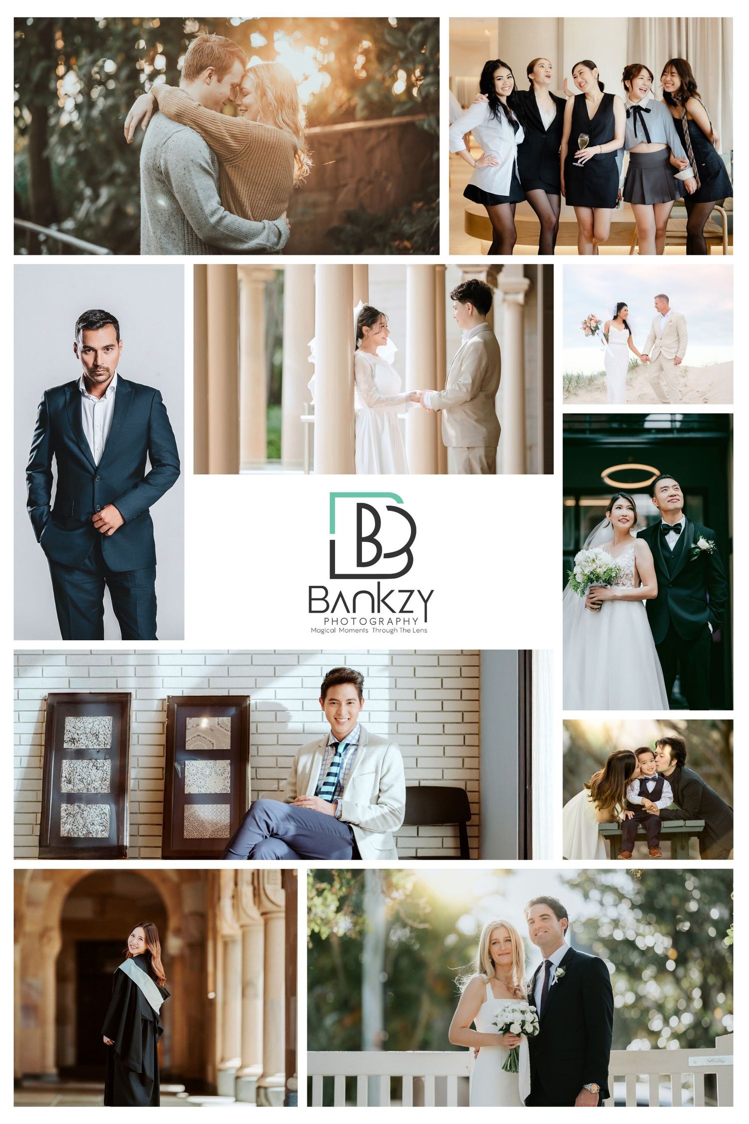 A professional photo collage featuring nine wedding and portrait photography scenes with a Bankzy studio logo in the center.