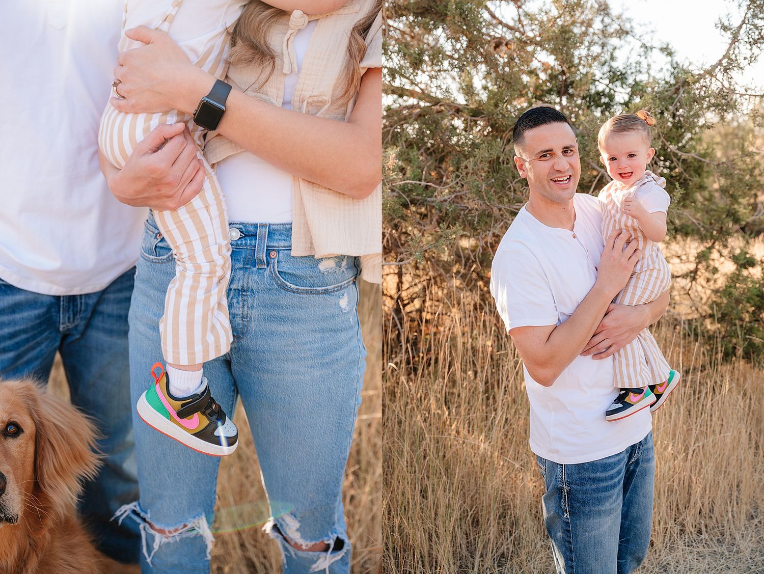 Split image showing casual lifestyle moments with golden retrievers in outdoor setting.