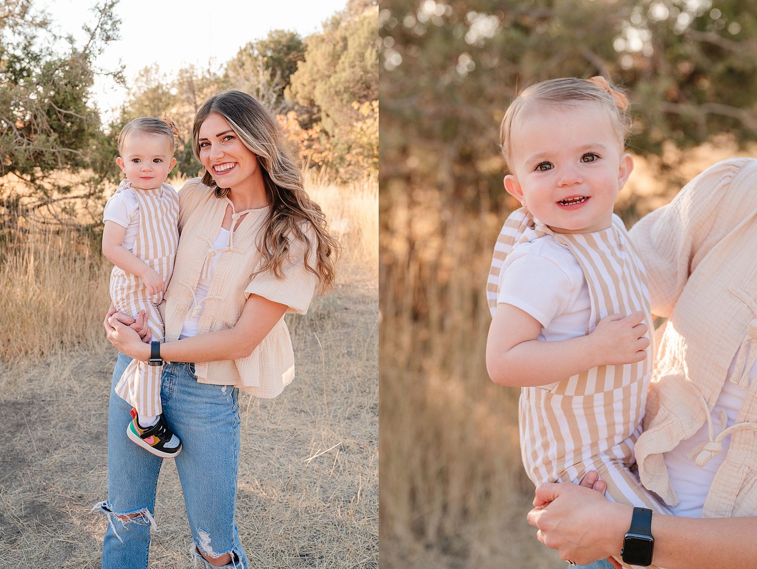Two casual photo shots of a mother and baby outdoors with sunlit grass and trees.
