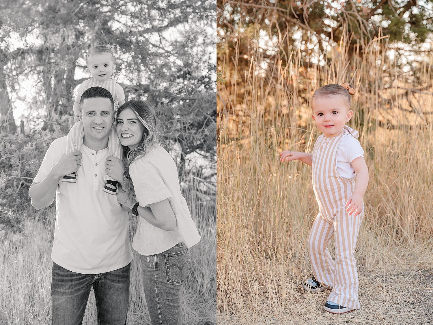 Side by side portraits in black and white and color during an outdoor family photoshoot.