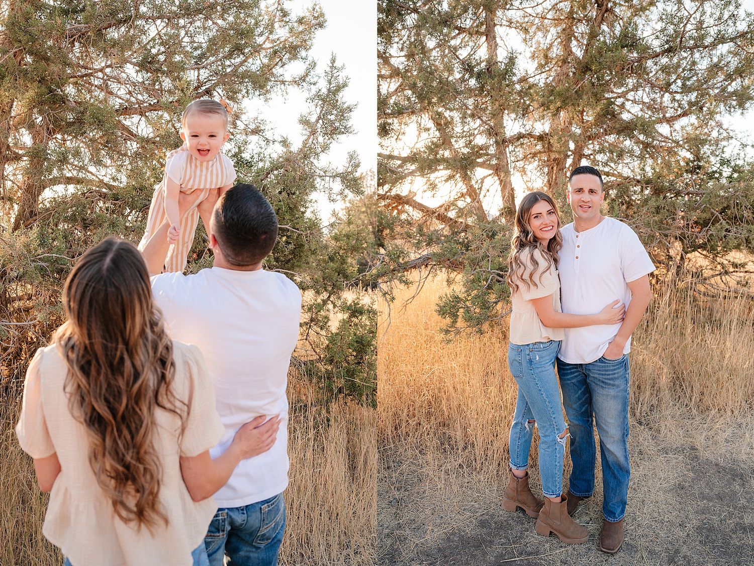 Split image showing family moments during a sunset photo session in a field.