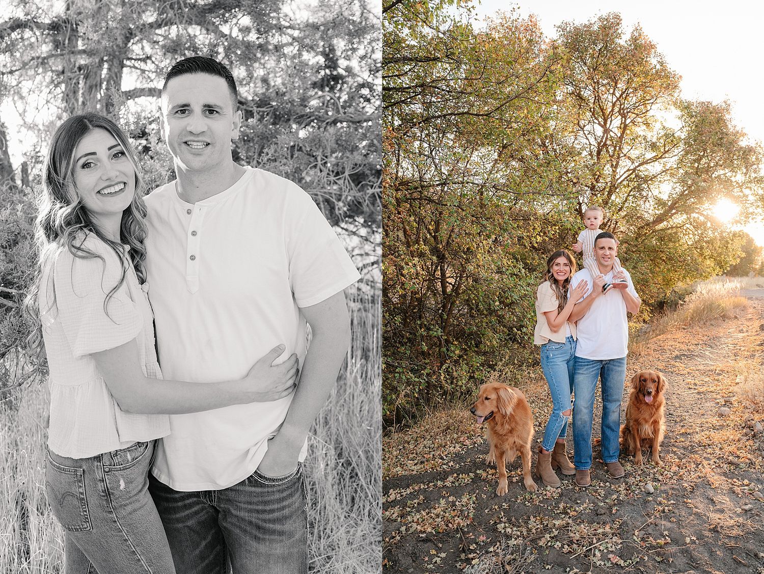 Side by side photos showing couple's portrait and family with dogs on nature trail.