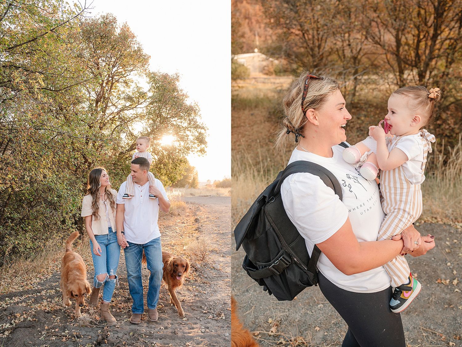 Two outdoor family photos featuring a casual walk with dogs and tender moment with child.