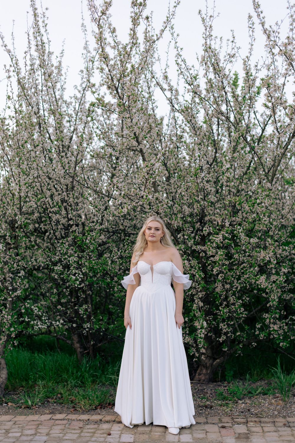 A person in a flowing white dress stands against a backdrop of blooming cherry trees in springtime.