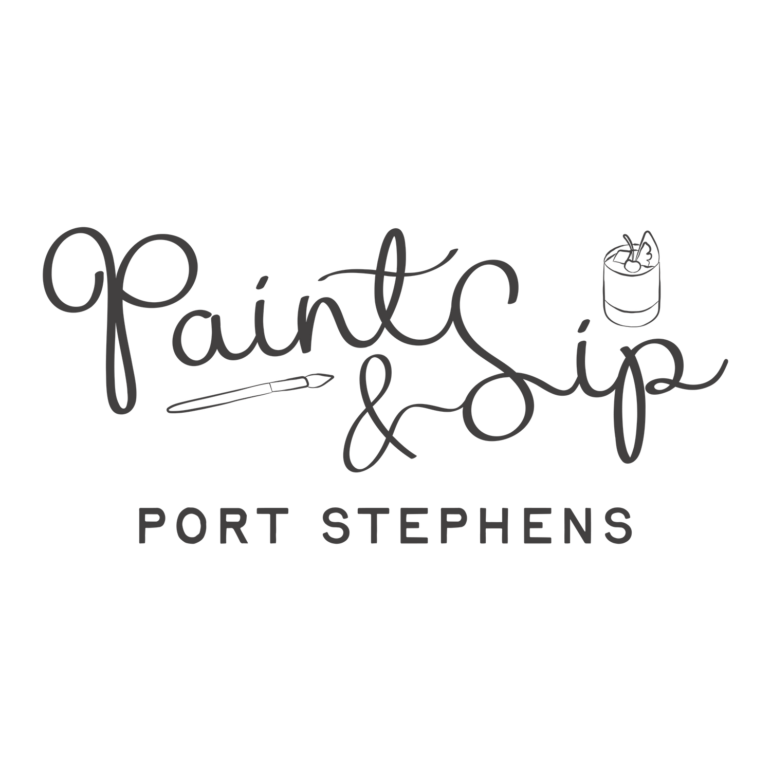 Simple black hand-lettered logo design for Paint & Sip Port Stephens.