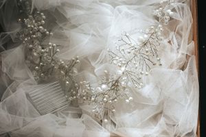 Delicate pearl and crystal hair accessories nestled in white tulle.