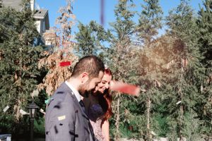 Wedding couple shares tender moment in garden setting with natural sunlight.