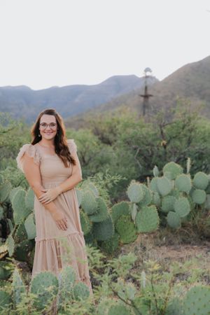 A serene desert portrait features a peach-colored dress amid cacti and mountain scenery.