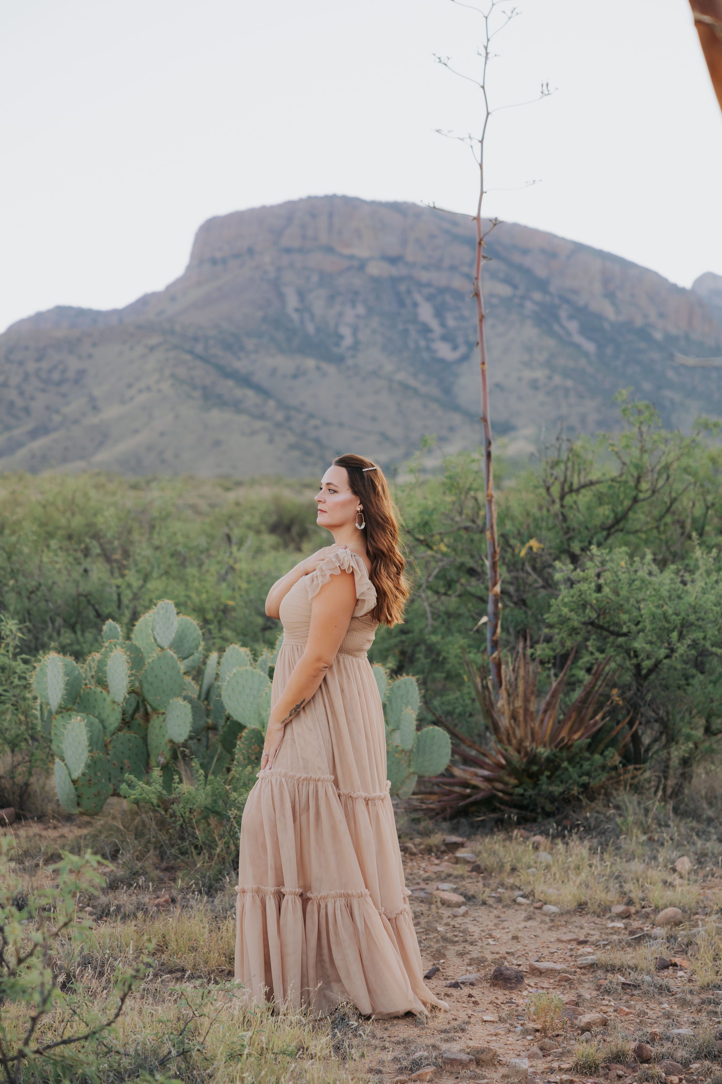 A beige tiered dress flows in the desert breeze with rugged mountains and cacti in the background.