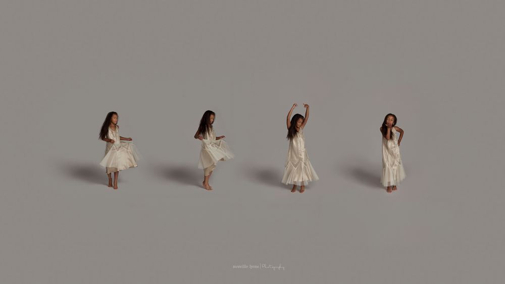 Four sequential dance poses show graceful movement in cream colored dress.