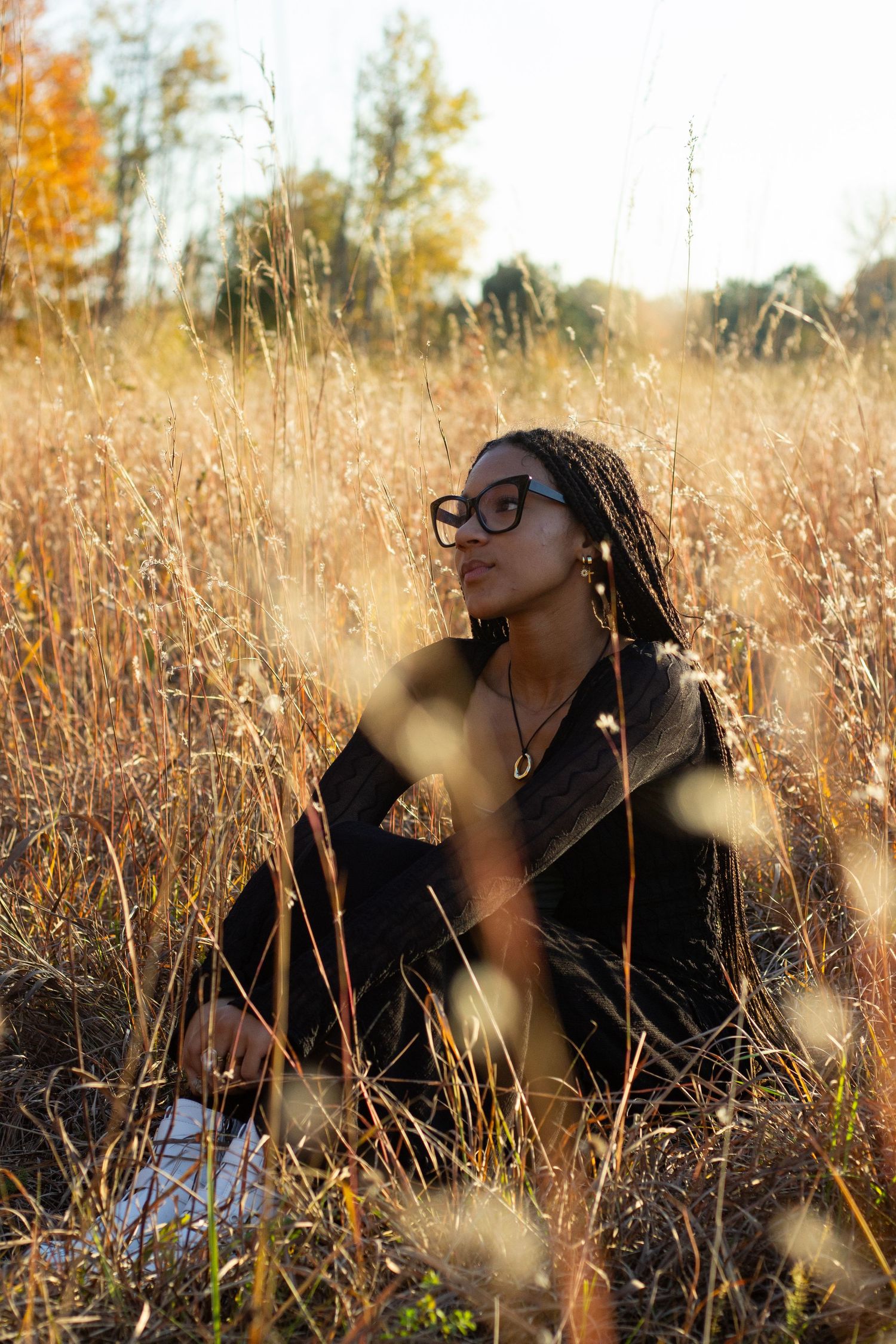 A person in black clothing reclines in a golden autumn field during sunset with dried grass and foliage in the background during senior pics