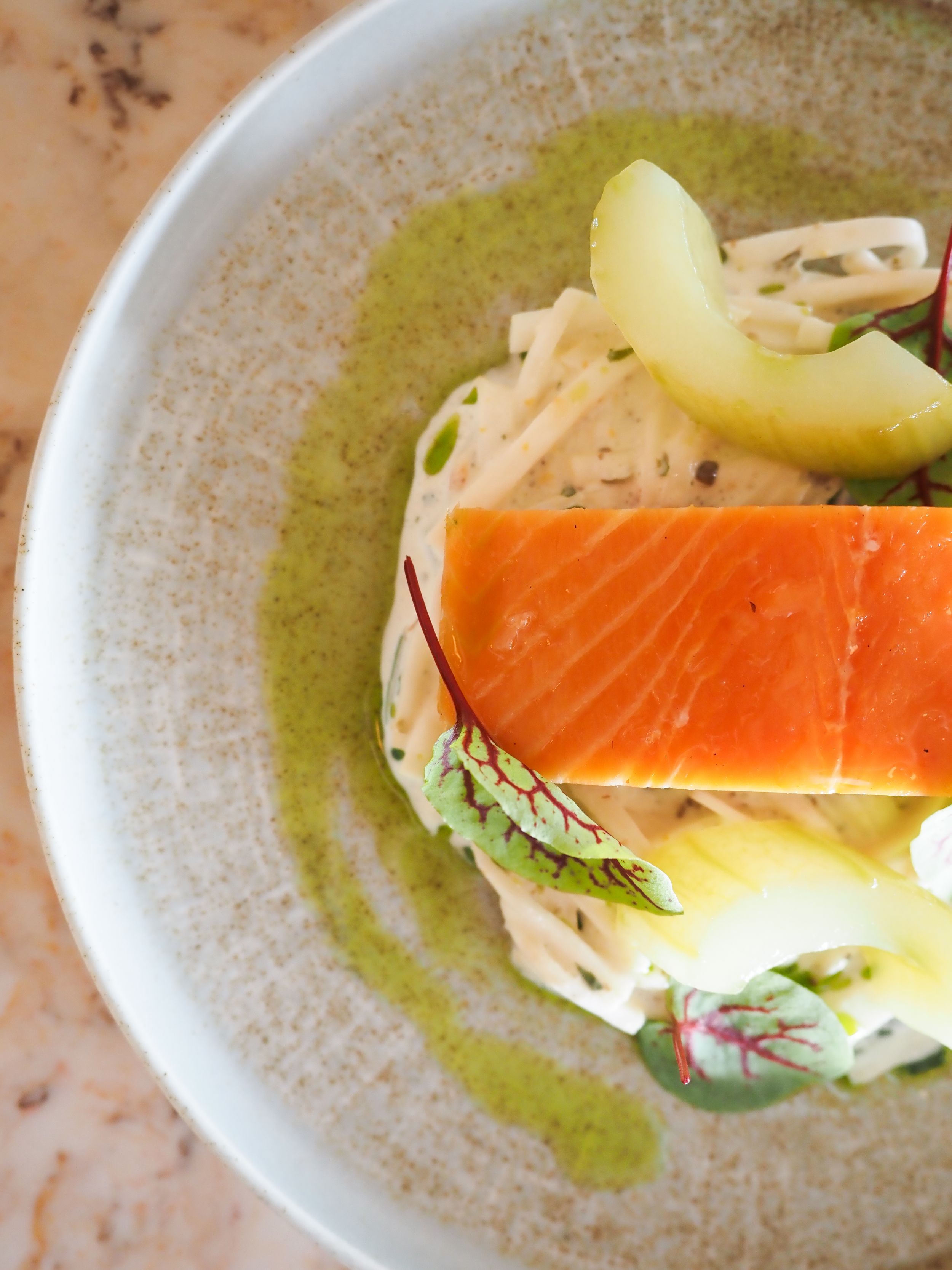 Elegant plated salmon fillet with green herb sauce, noodles, fresh greens, and melon on a rustic ceramic bowl.
