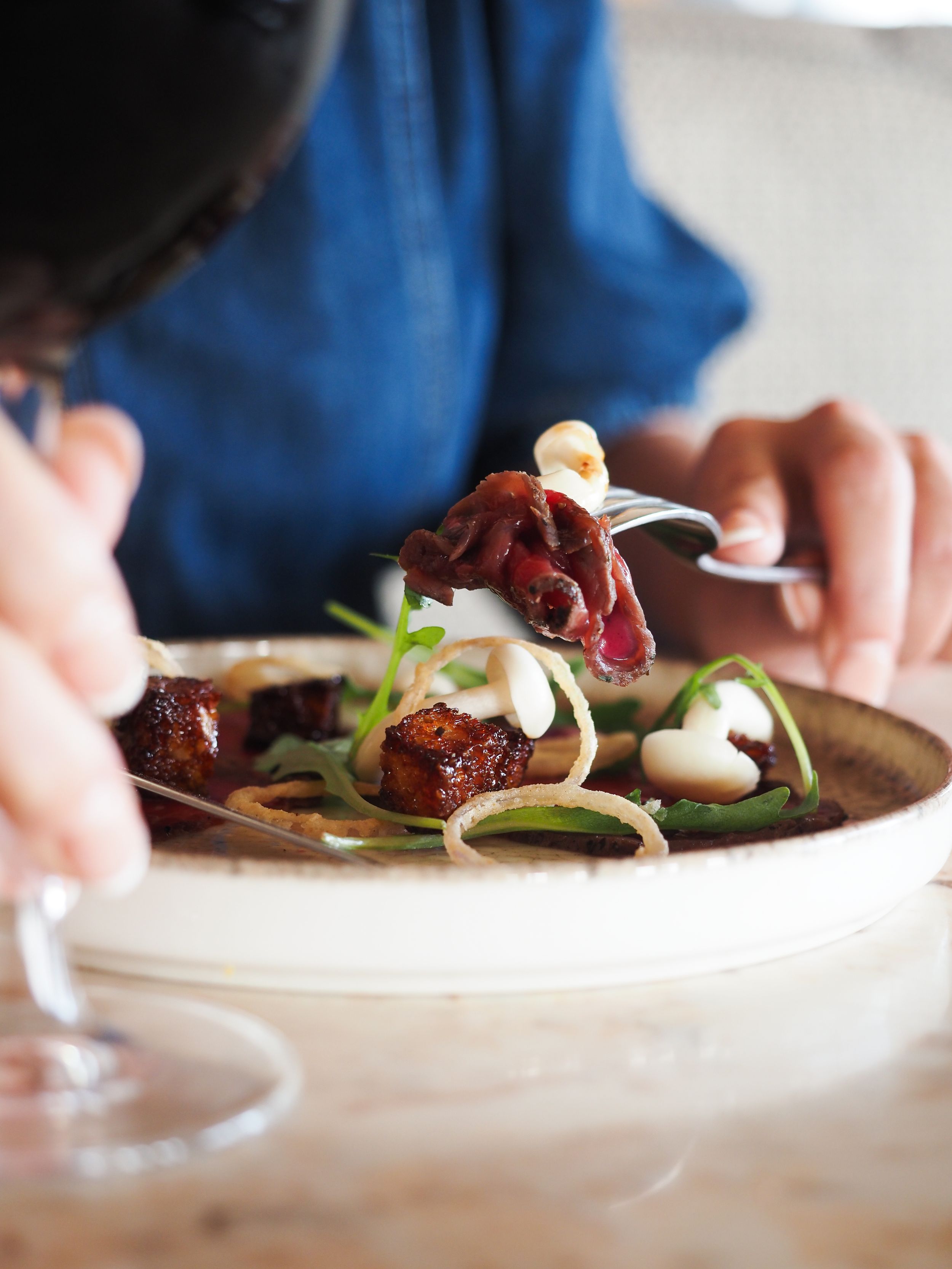Person dining on a gourmet dish with caramelized meat, white beans, and greens on a rustic plate.