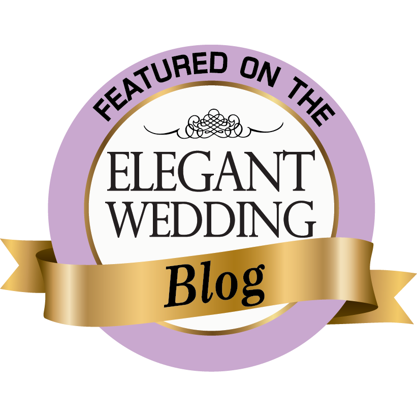Gold and purple Featured on the Elegant Wedding Blog badge with ribbon banner detail.