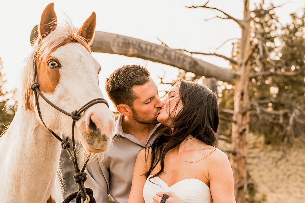 A romantic moment with a beautiful cream-colored horse posing alongside a couple during a wedding photoshoot at sunset.