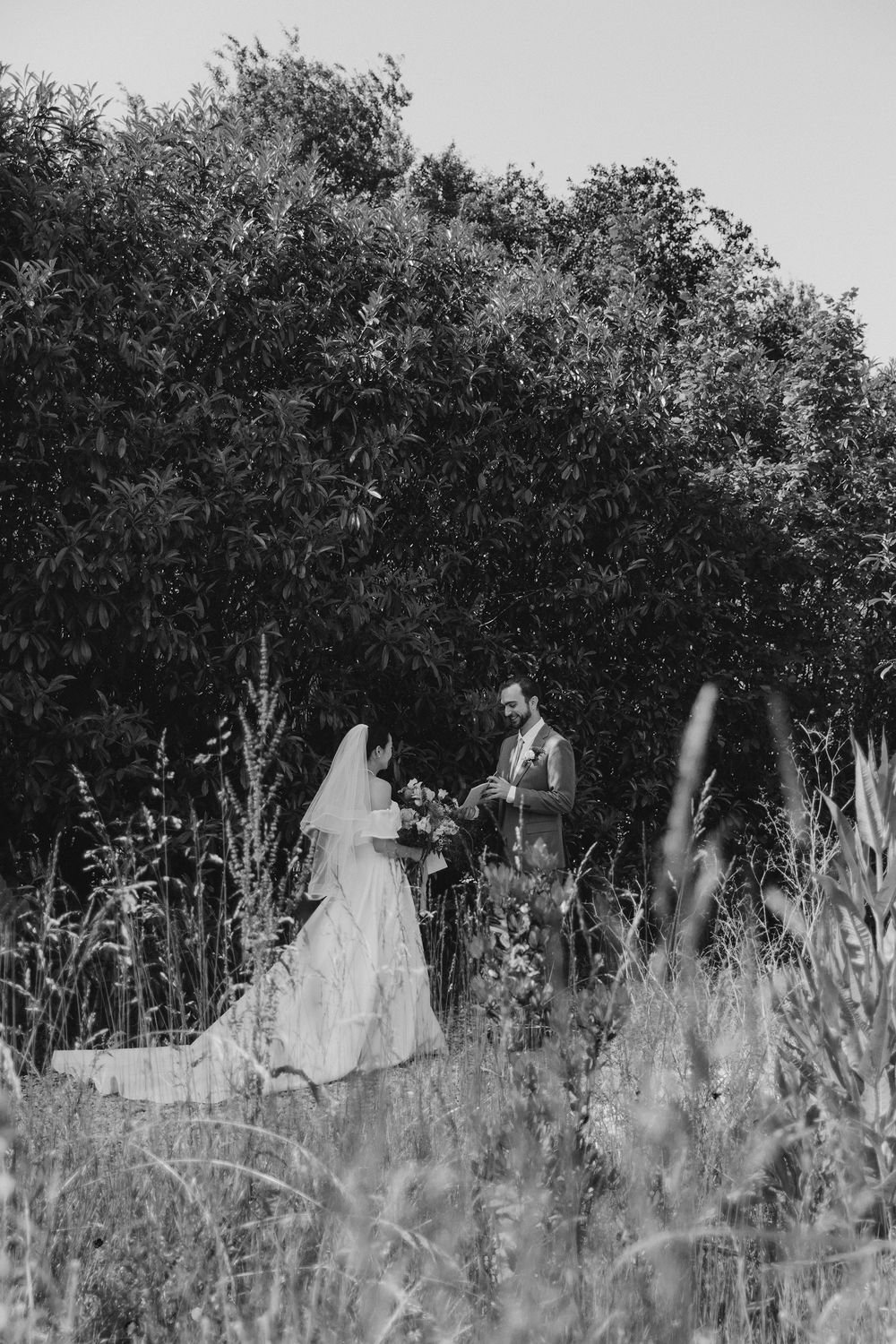 Black and white portrait of a wedding couple standing among tall grass and trees.