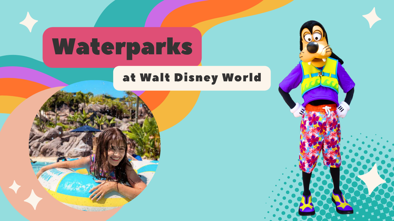 Colorful promotional graphic for Walt Disney World waterparks featuring watery fun and characters.