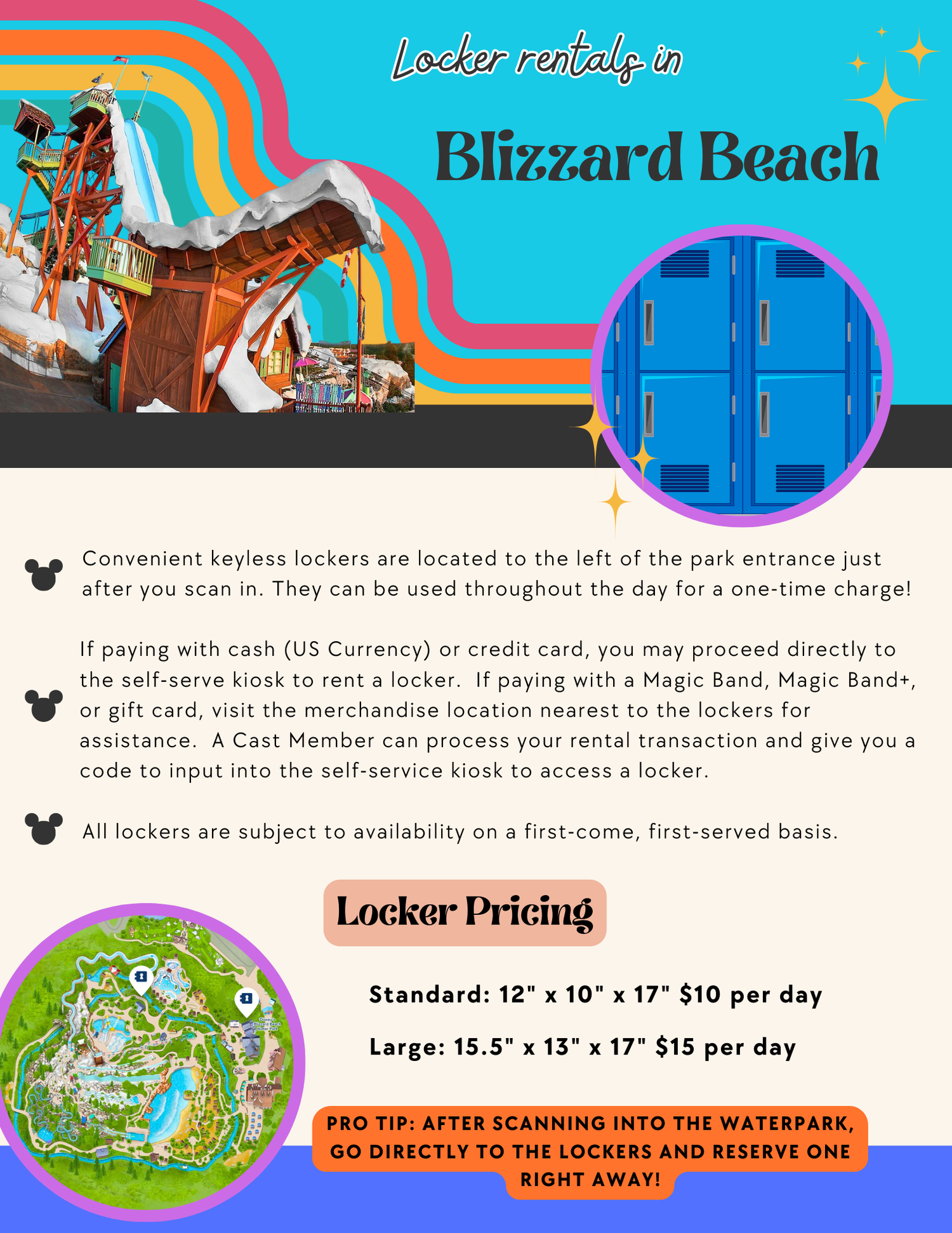 Colorful informational sign about locker rentals at Blizzard Beach water park showing pricing and location details.