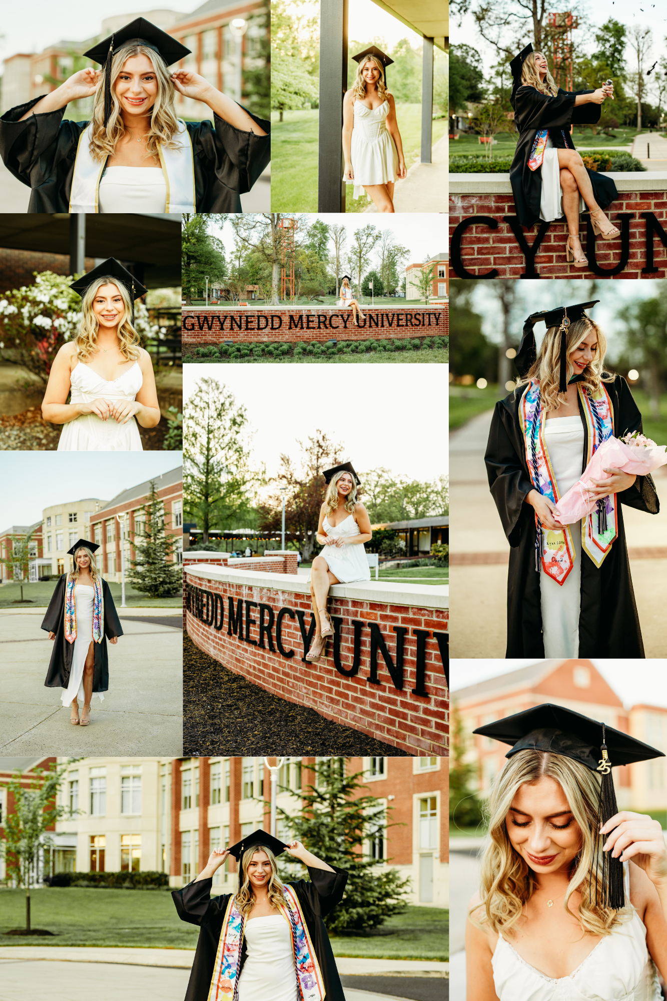 Graduate photos showcasing various poses around Gwynedd Mercy University campus with cap, gown and diploma.