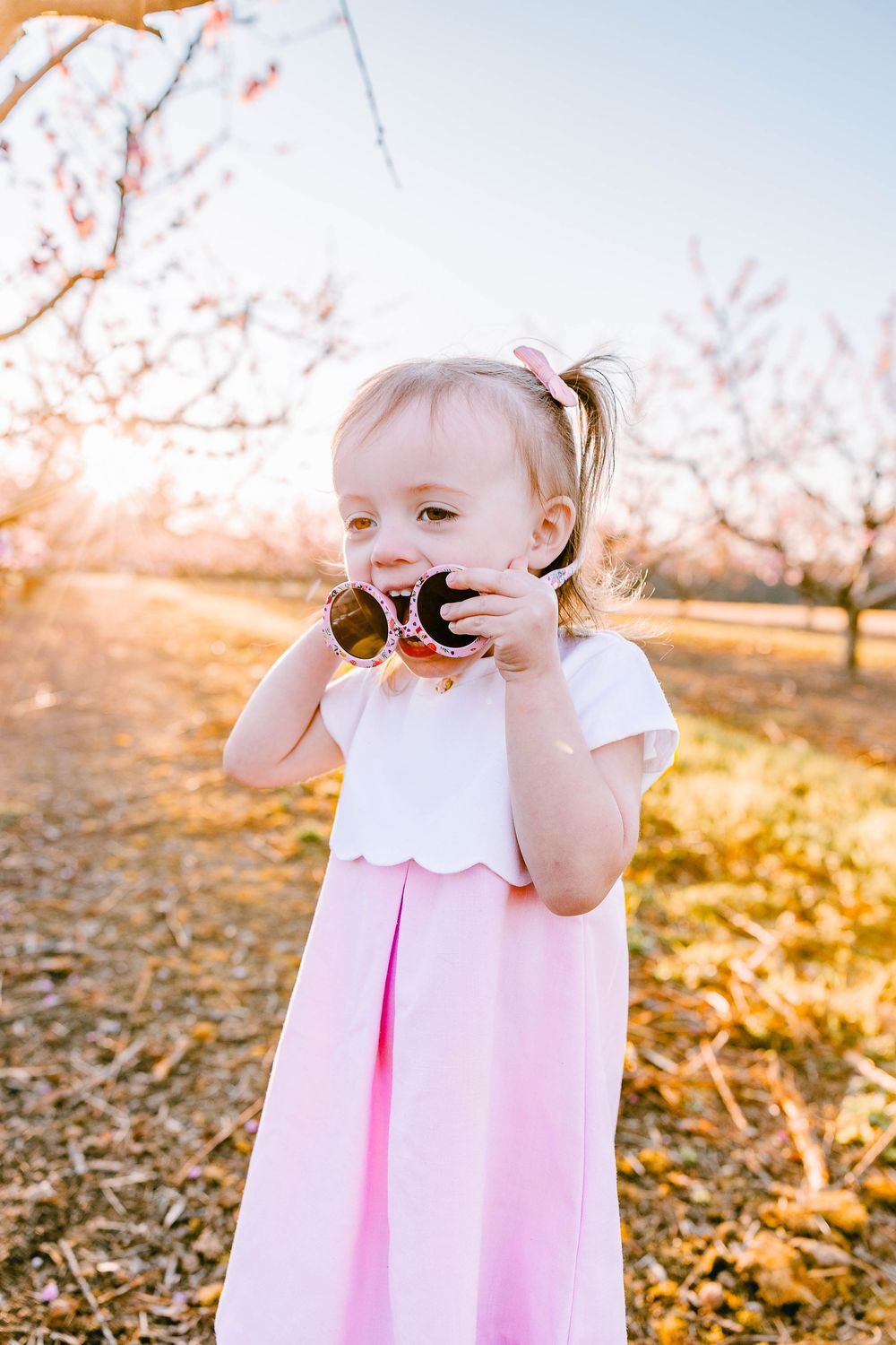 Sweet spring portraits with mama and her little one under the peach trees in Clover, SC.