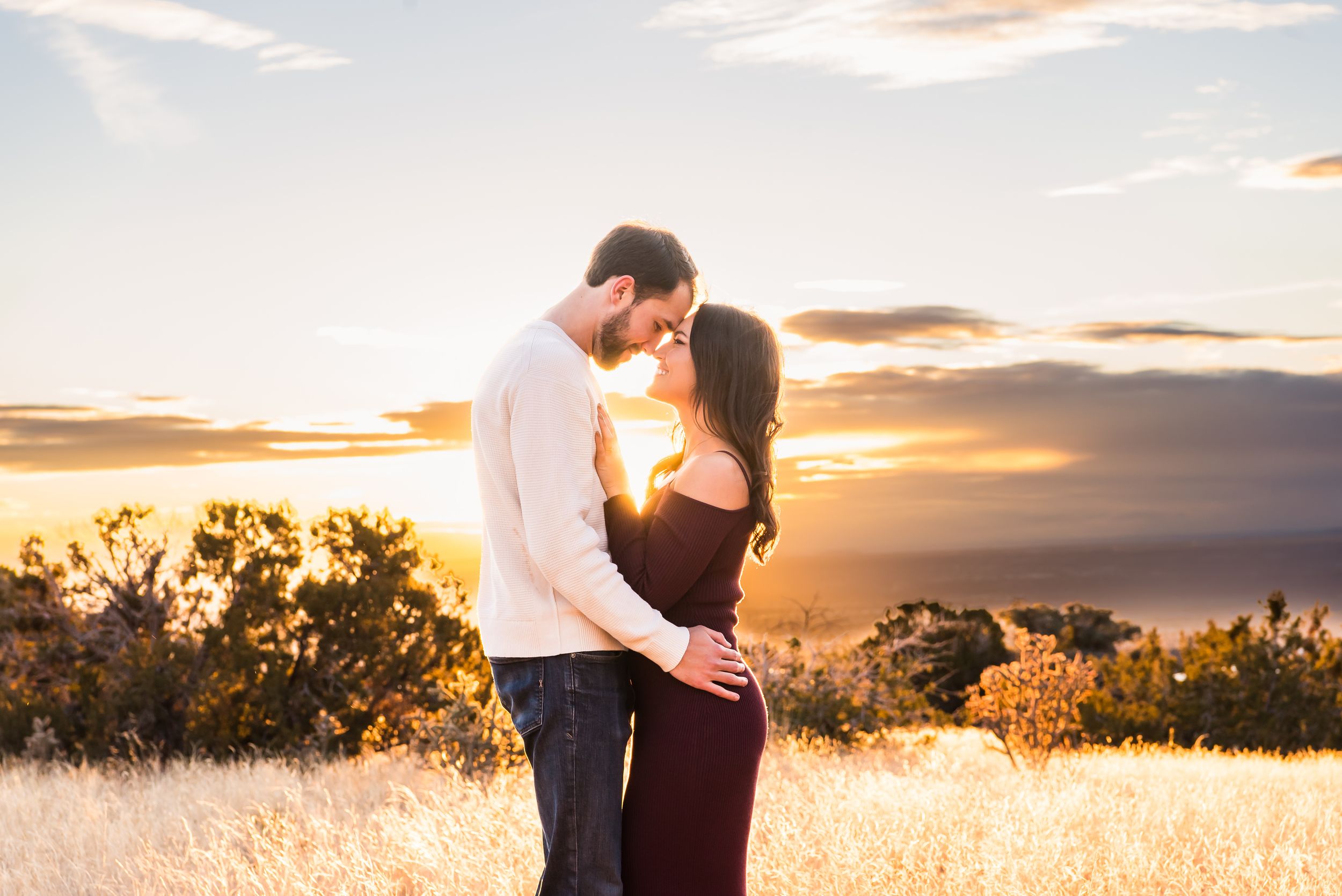 A couple embraces in a golden field during sunset with mountains in the background.