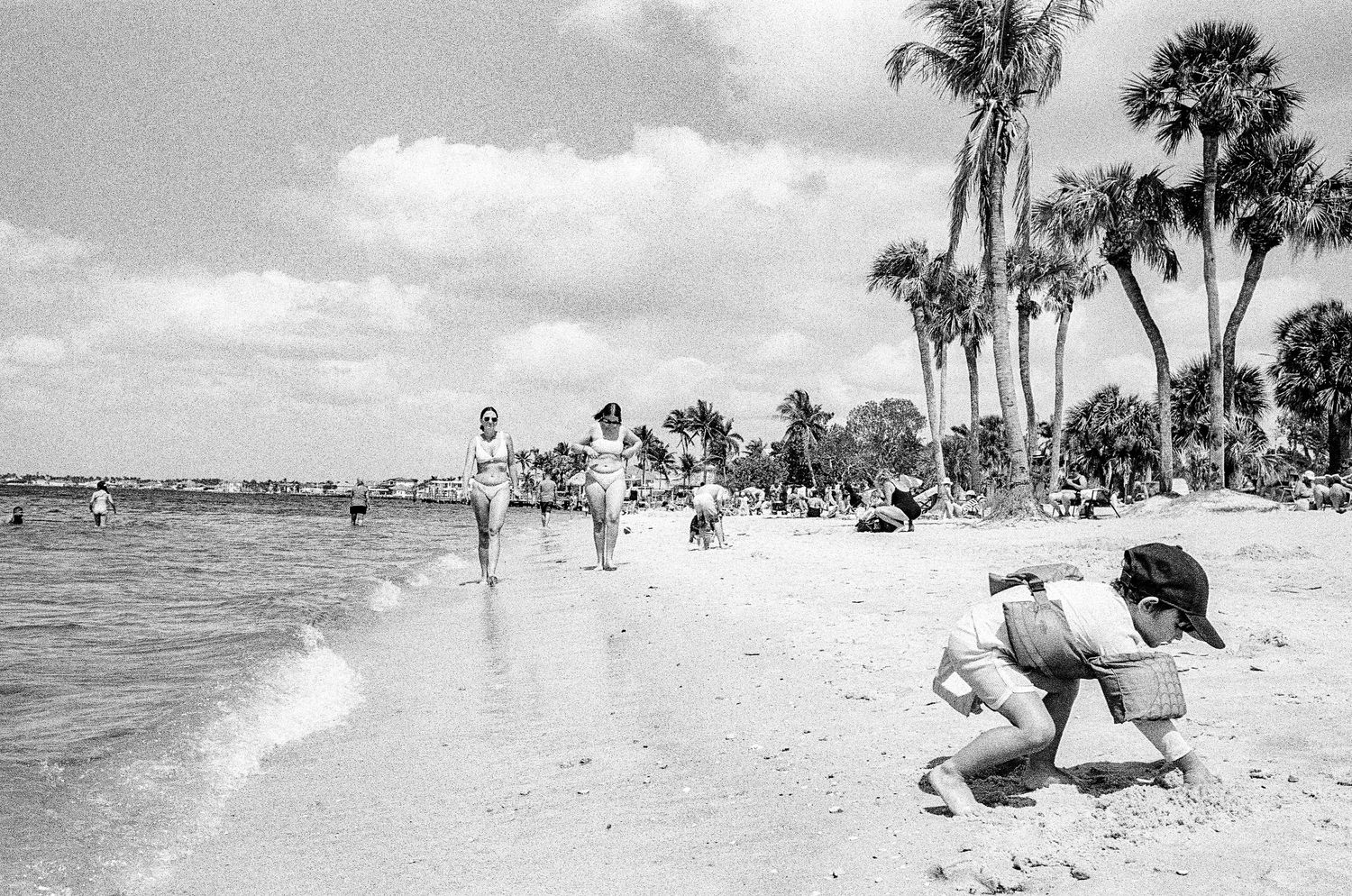 A black and white beach scene with tall palm trees and small structures on a sunny day in a tropical setting.