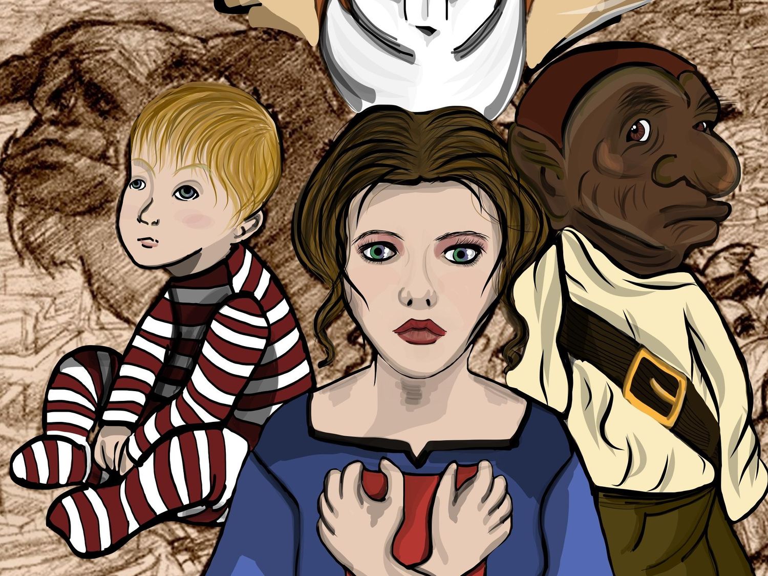 Illustrated group of three diverse people standing against a textured brown background.
