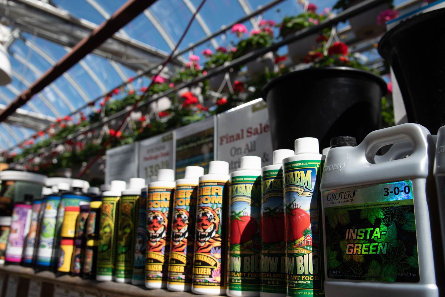 Row of colorful plant nutrients and fertilizer bottles on shelf with hanging flowers above at Bradford Greenhouse in Barrie, ON