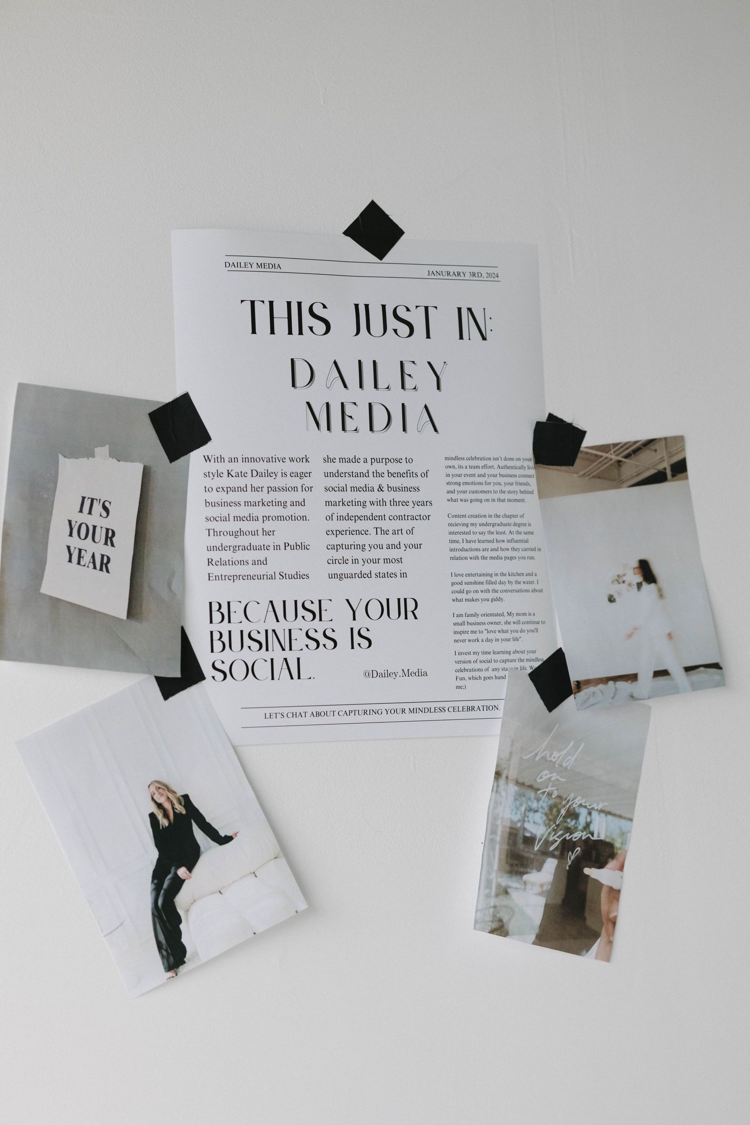 Mood board with business media text and black clips on white background.