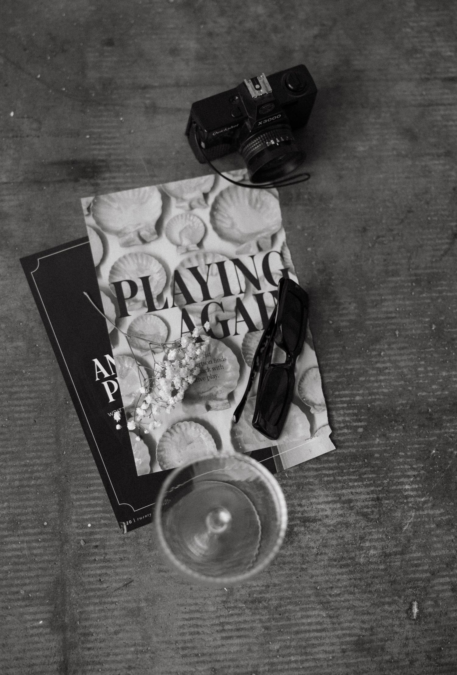 Black and white still life with vintage camera and book titled 'Playing Again'.