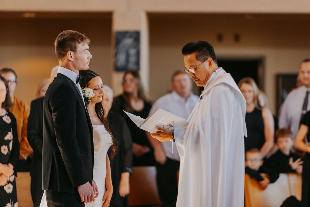 A series of warm-toned wedding reception photos showing guests and decor in an indoor venue.