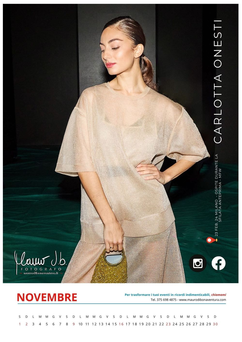 Fashion calendar page showing model in sheer beige outfit with gold handbag.