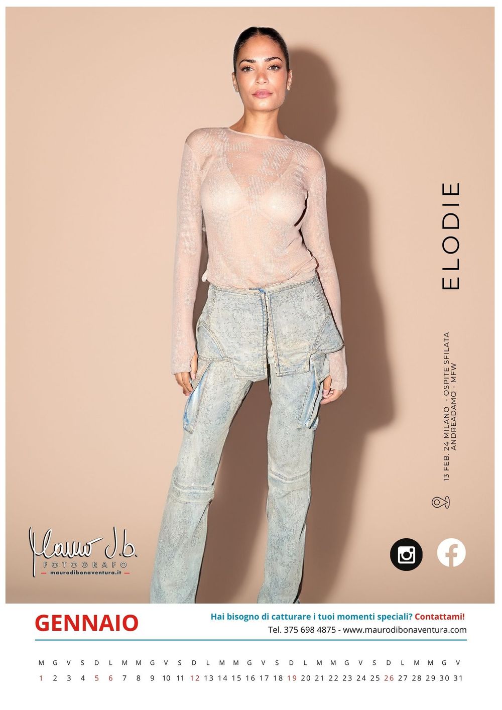Fashion calendar page featuring model in beige top and light denim pants against neutral background.