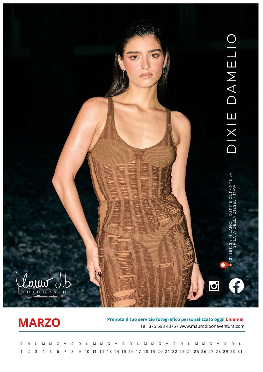 Model in brown fitted dress poses against dark background for fashion calendar shoot.