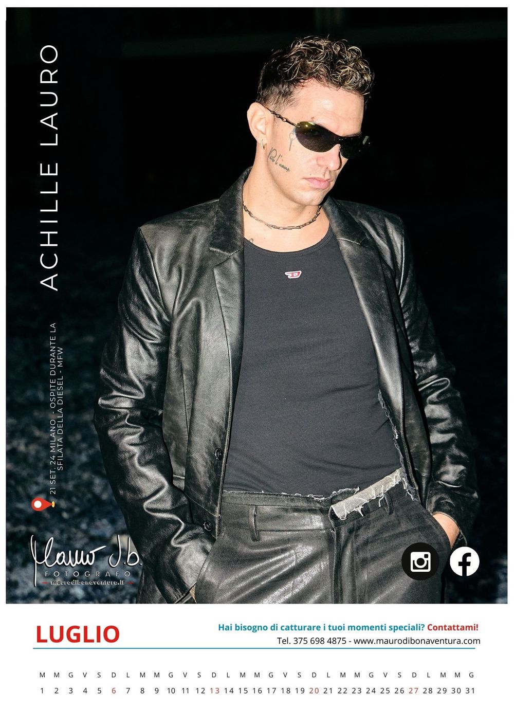 Calendar page featuring model in black leather jacket and sunglasses against dark background.