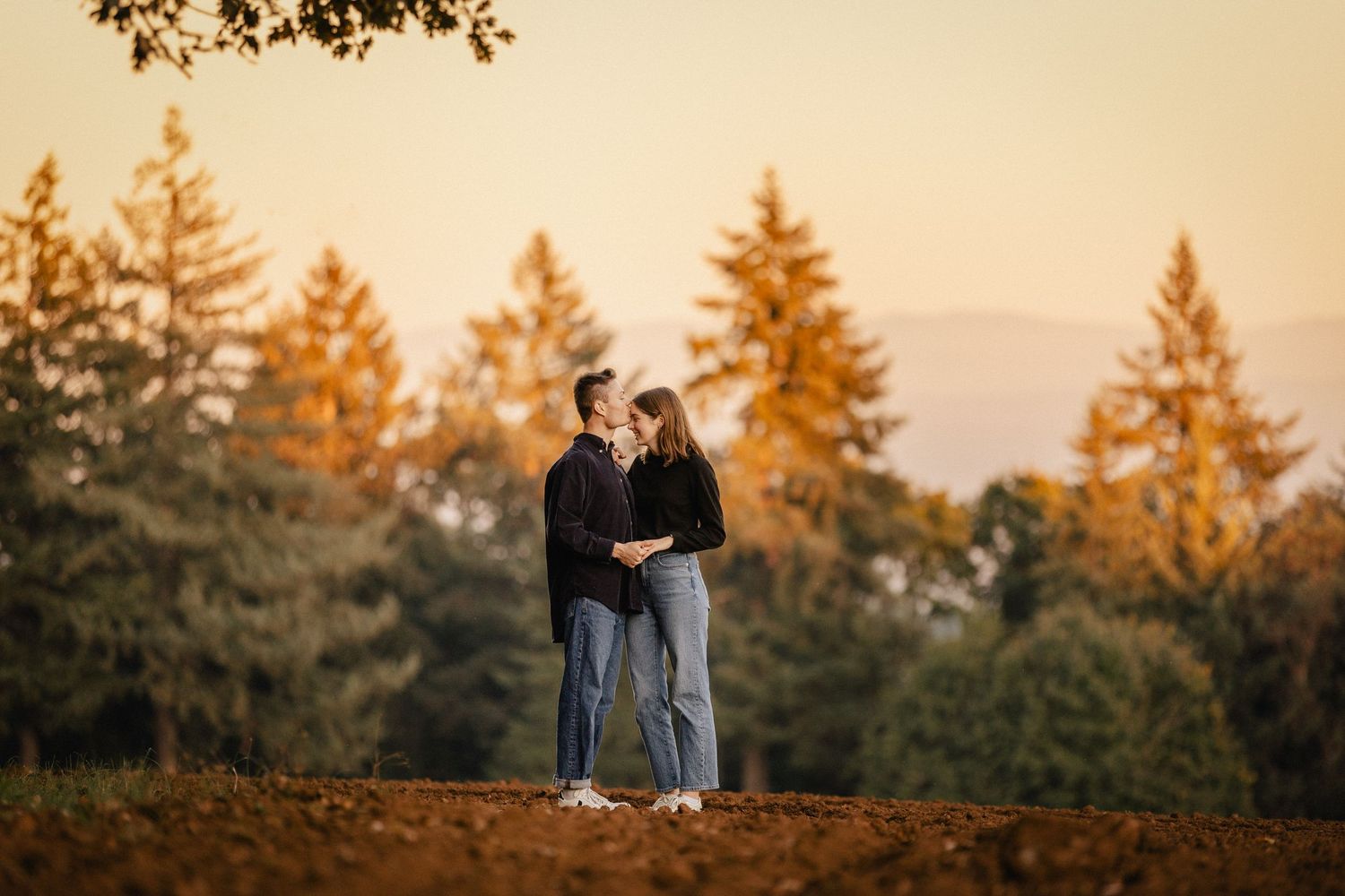 Silhouette of a couple embracing on a hilltop at golden hour with evergreen trees in the background.