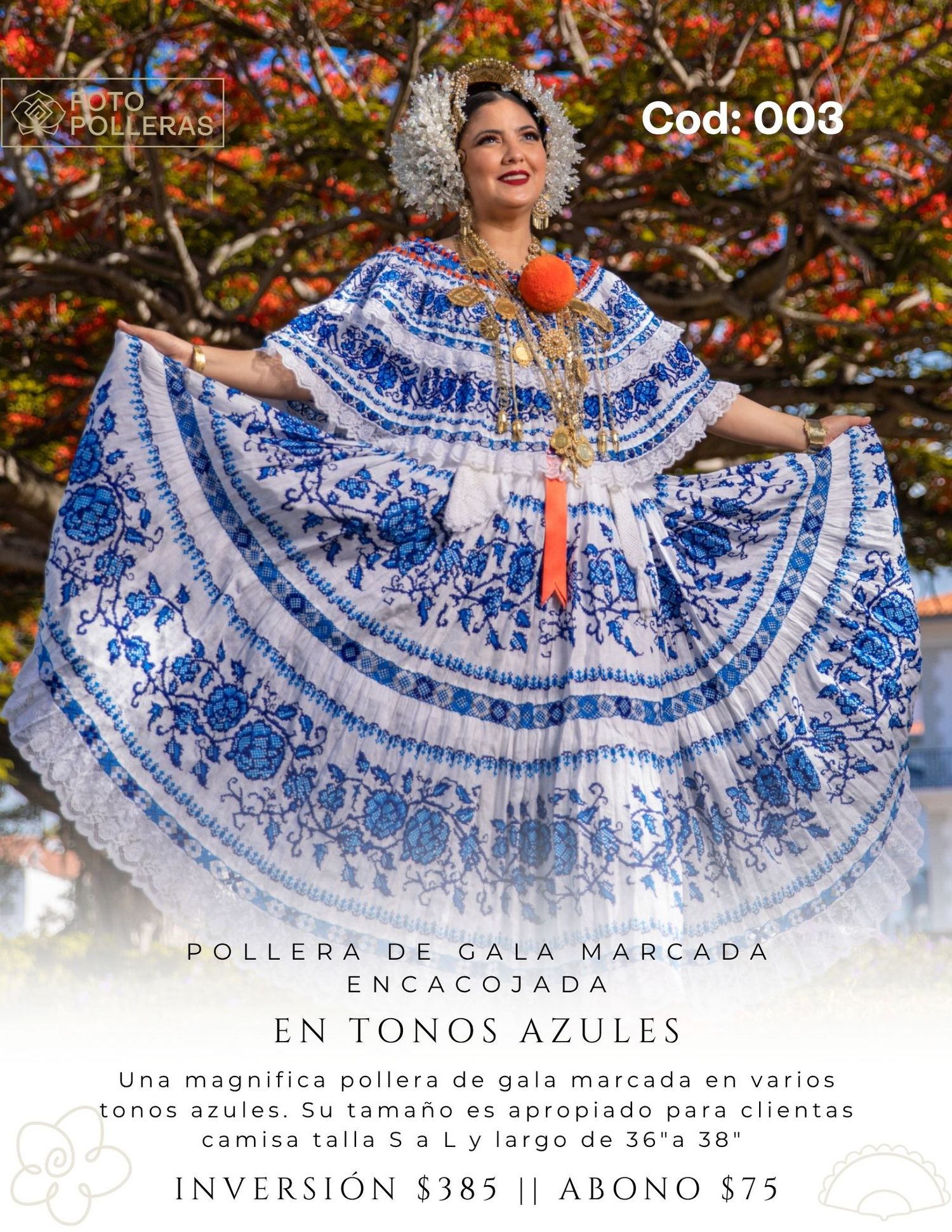 elegante mujer panameña con una pollera de gala azul