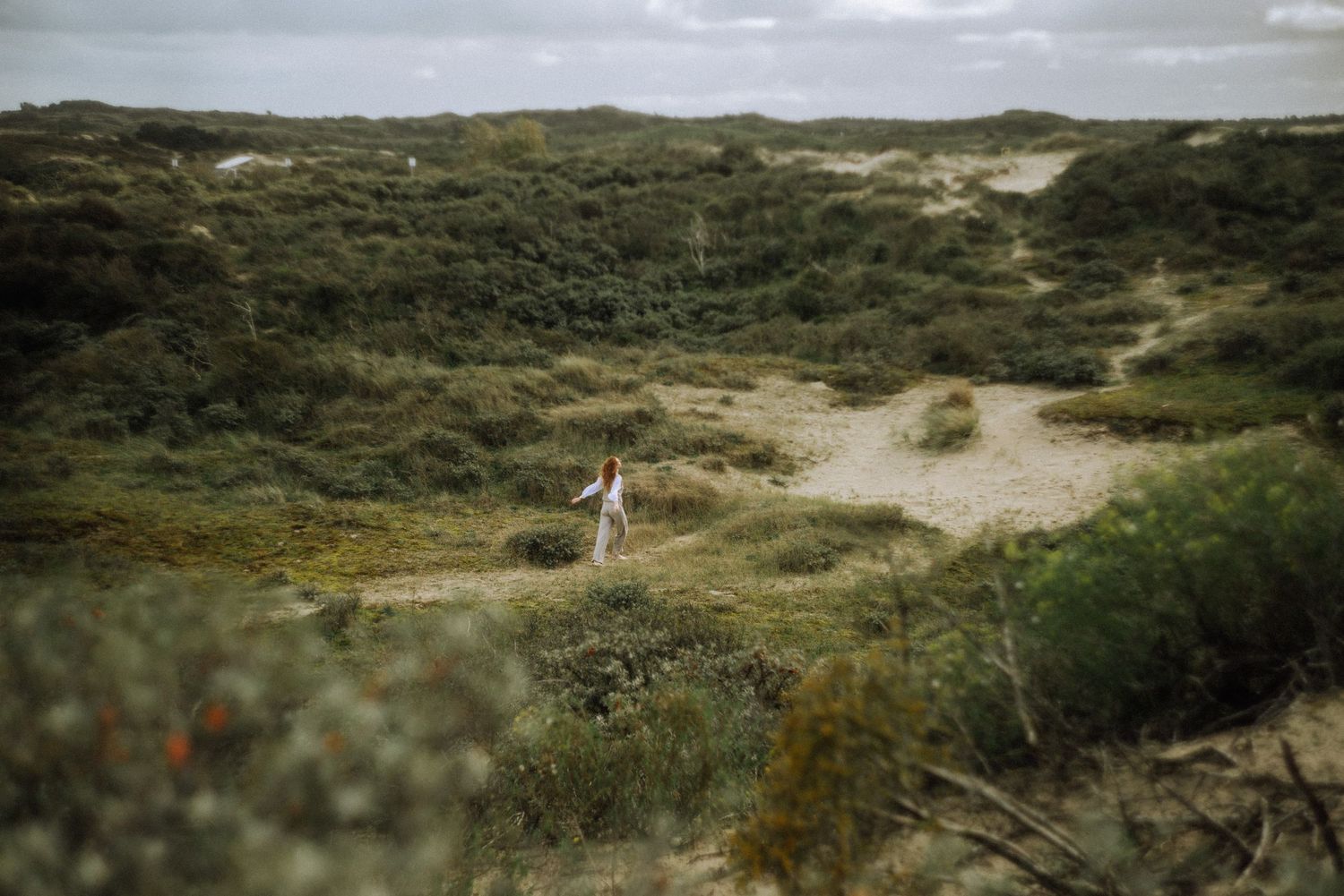 A distant figure stands among rolling green coastal dunes under cloudy skies.