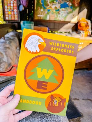 A yellow 'Wilderness Explorers' handbook featuring an eagle logo and WE emblem in orange and green colors.
