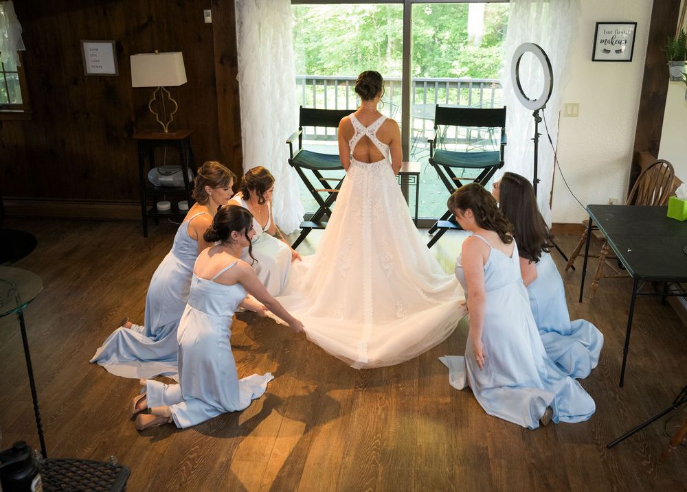 Series of sequential photos showing wedding dress preparations in a sunlit room.