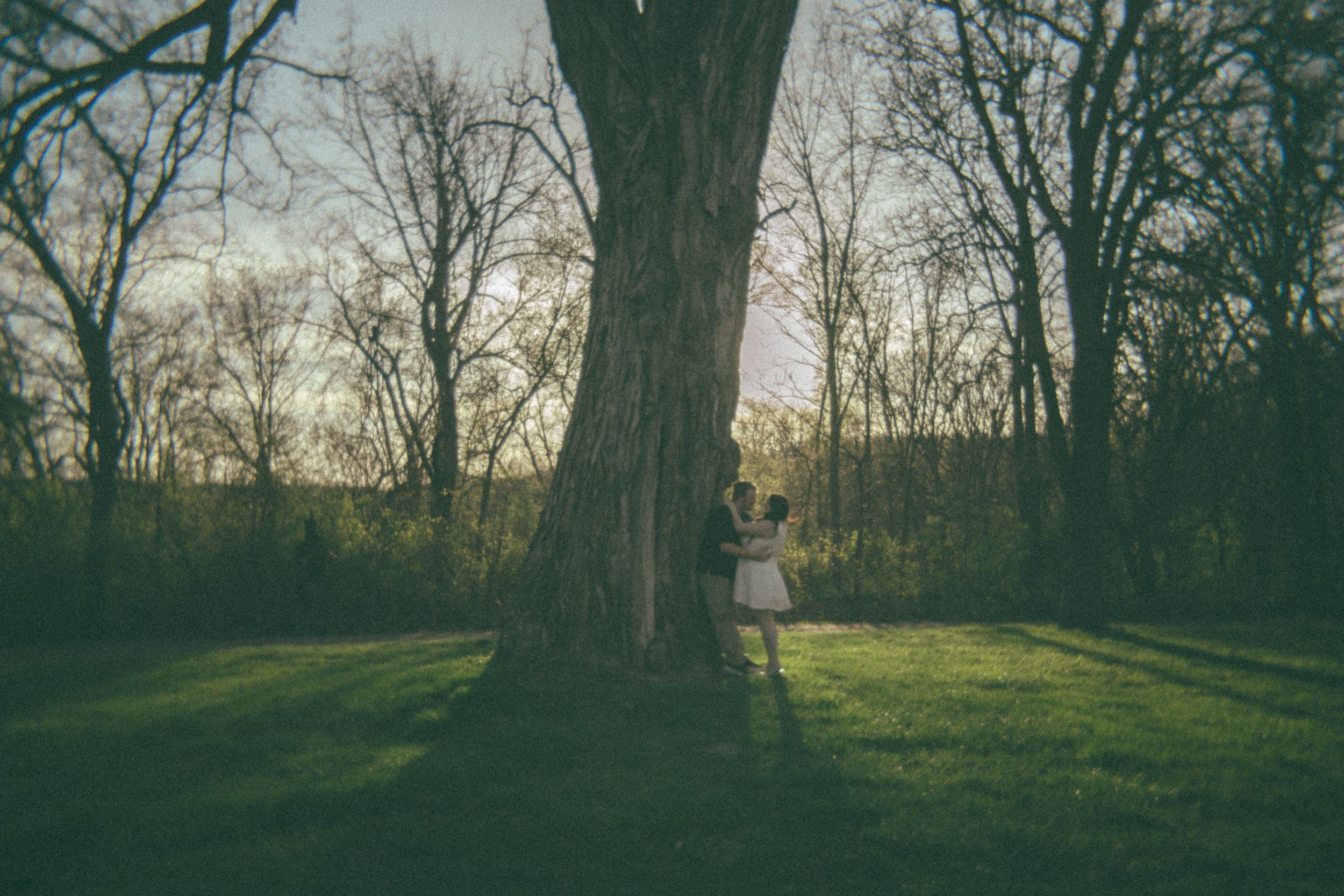 A woman in a white dress stands beside a massive tree in a lush green park surrounded by bare trees.