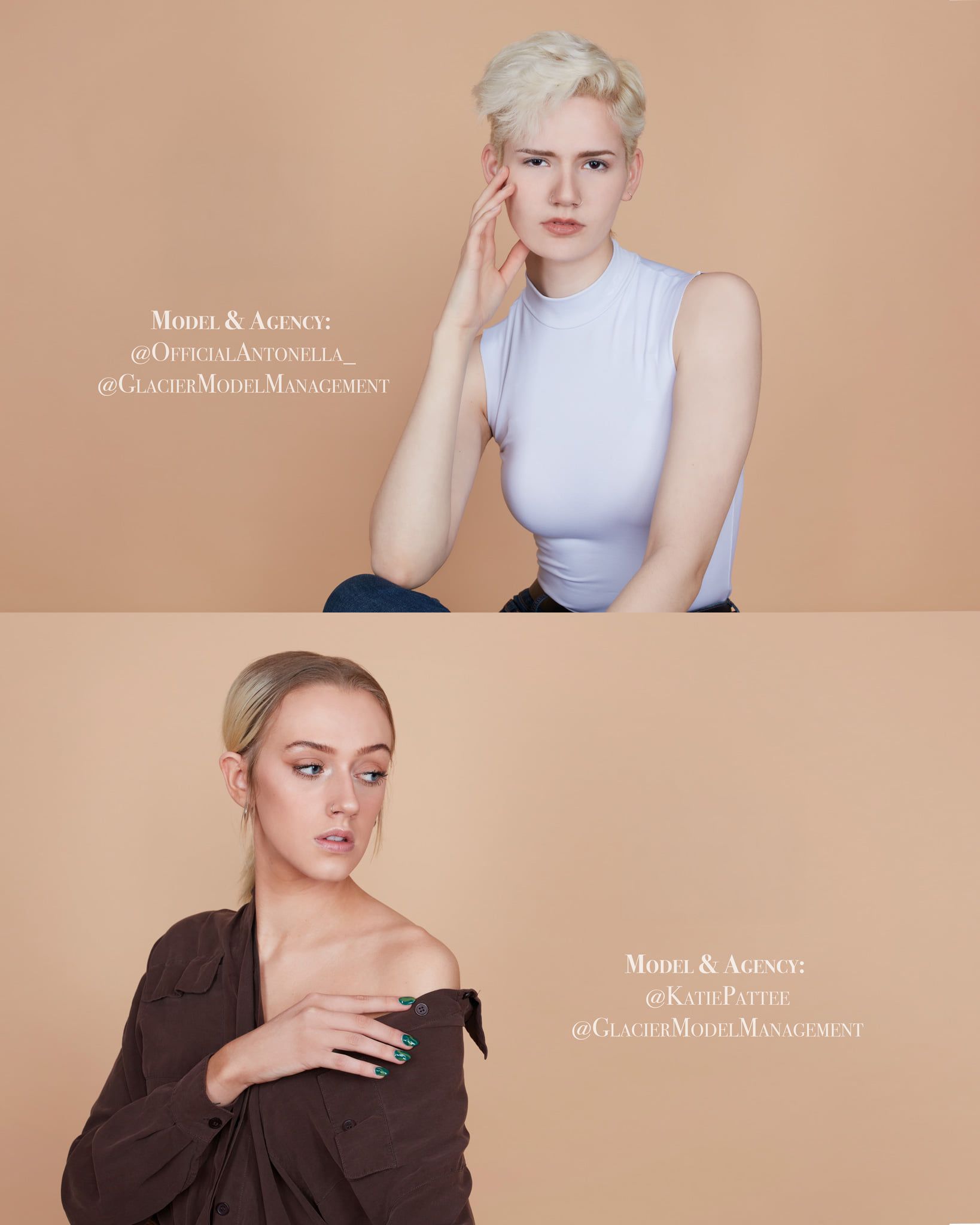 Two female models pose separately against neutral backgrounds, one in a light blue top and one in a dark brown off-shoulder top.