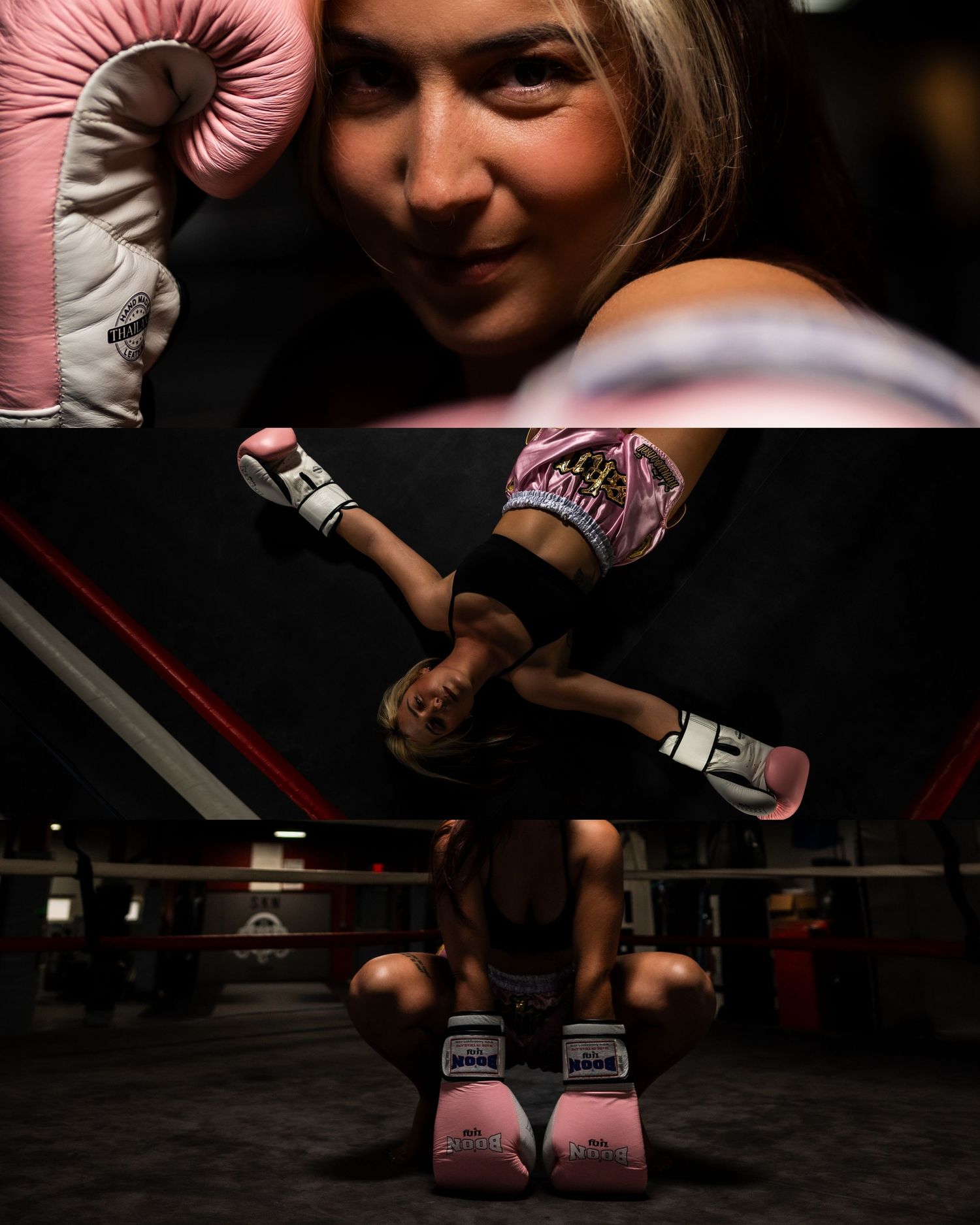 Athletic fighter practicing a high kick in a dark boxing ring while wearing pink and black training gear.
