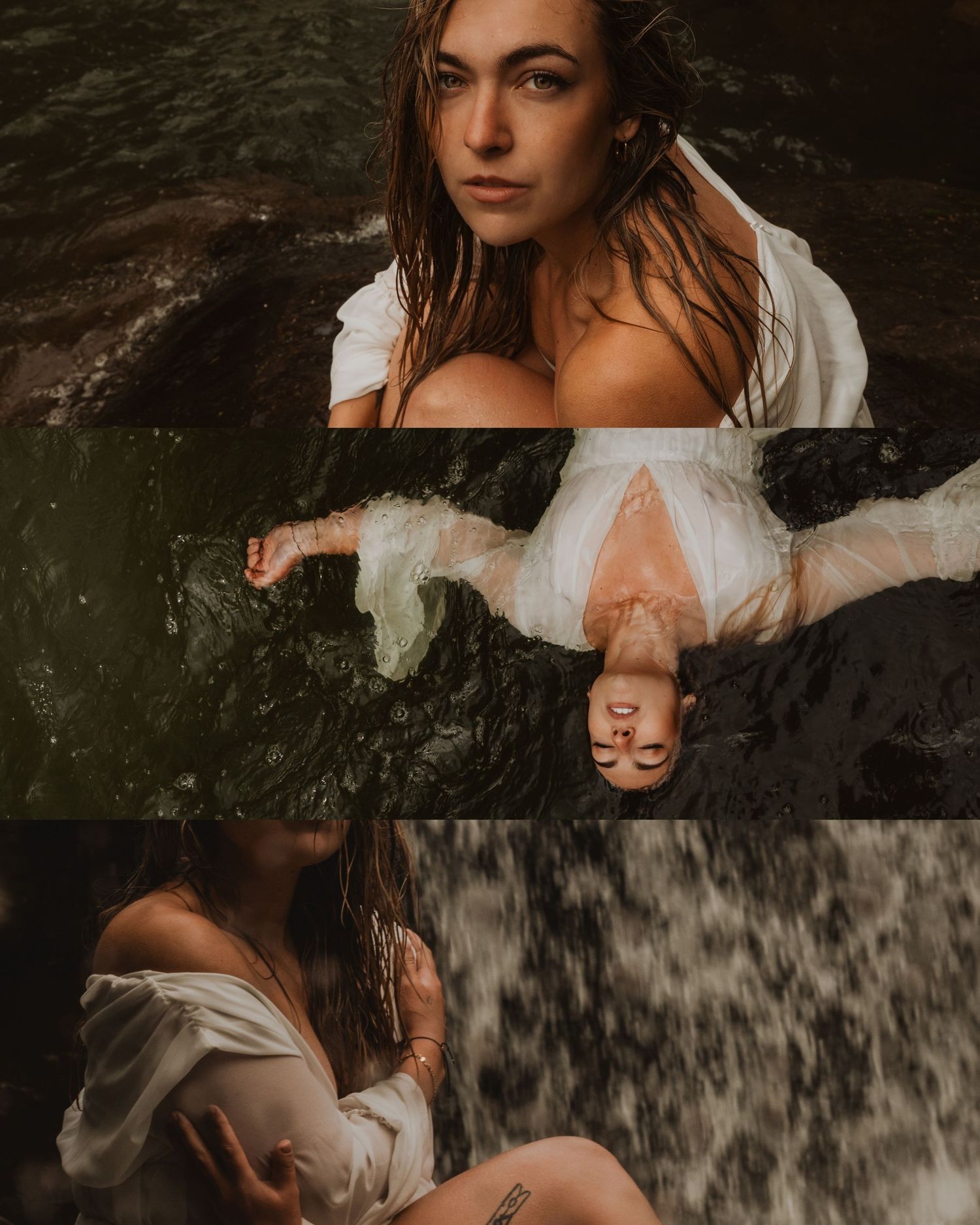 A figure in a flowy white dress kneels thoughtfully by a cascading waterfall in moody lighting.