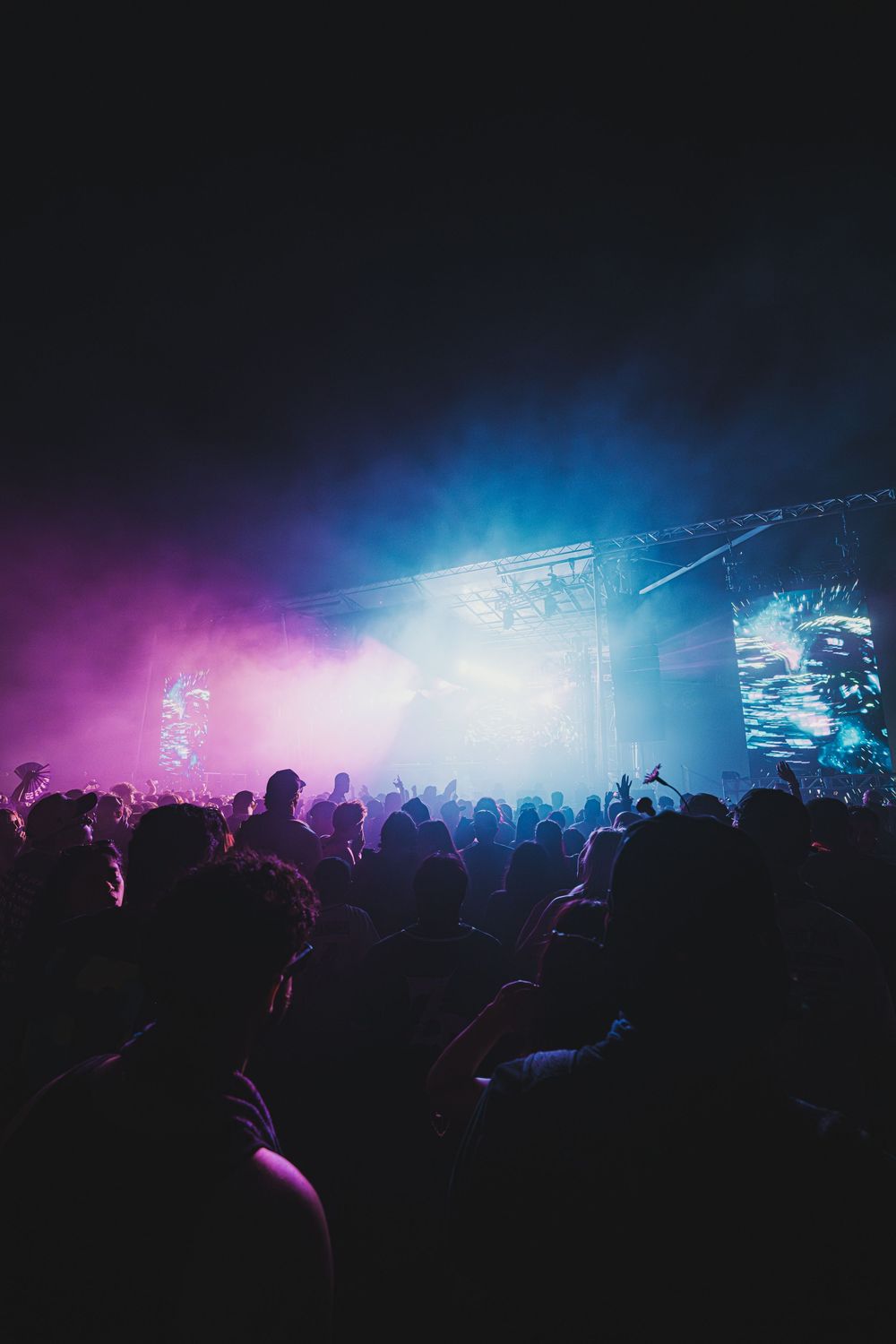 Crowd of silhouetted concert-goers under vibrant blue and purple stage lights with smoke at a live music event.
