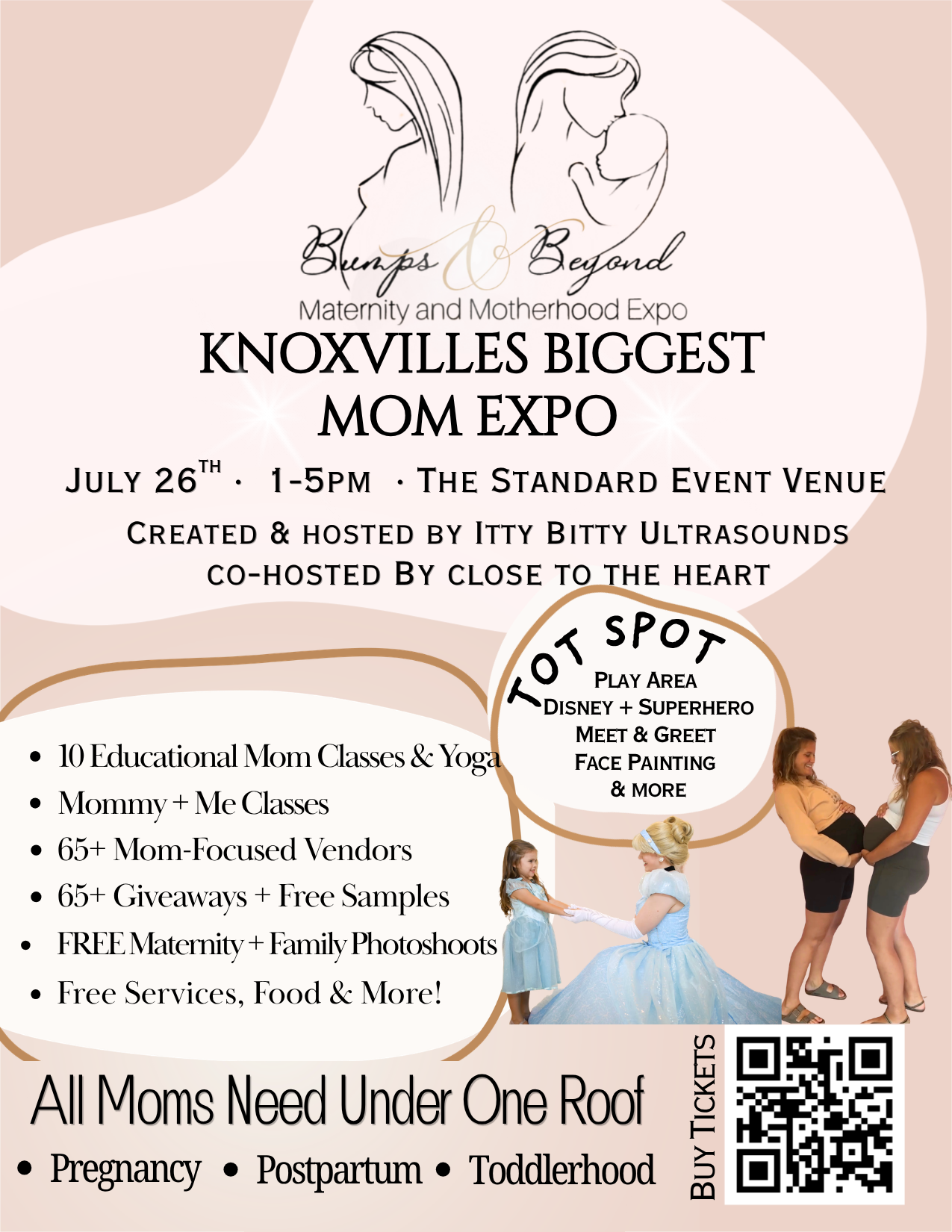 Flyer for Knoxville's Biggest Mom Expo on July 26, 1-5PM at The Standard Event Venue, featuring classes, vendors, and free photos.