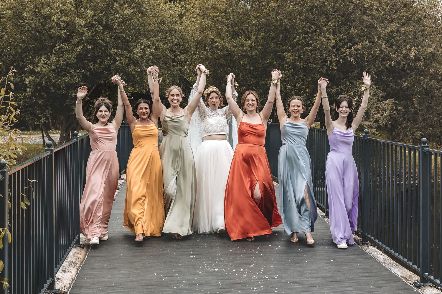 A fun bride and bridesmaid group shot taken at a Yorkshire wedding venue.