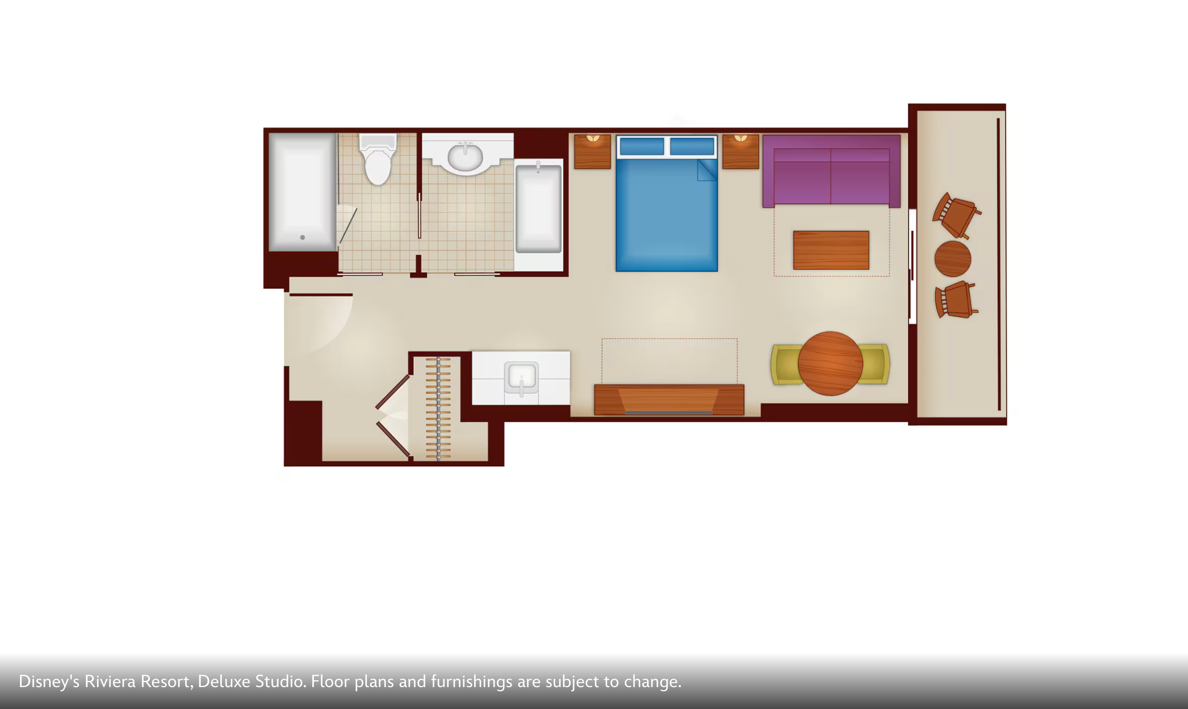 Hotel room floor plan featuring a bedroom, bathroom, and seating area with modern amenities.
