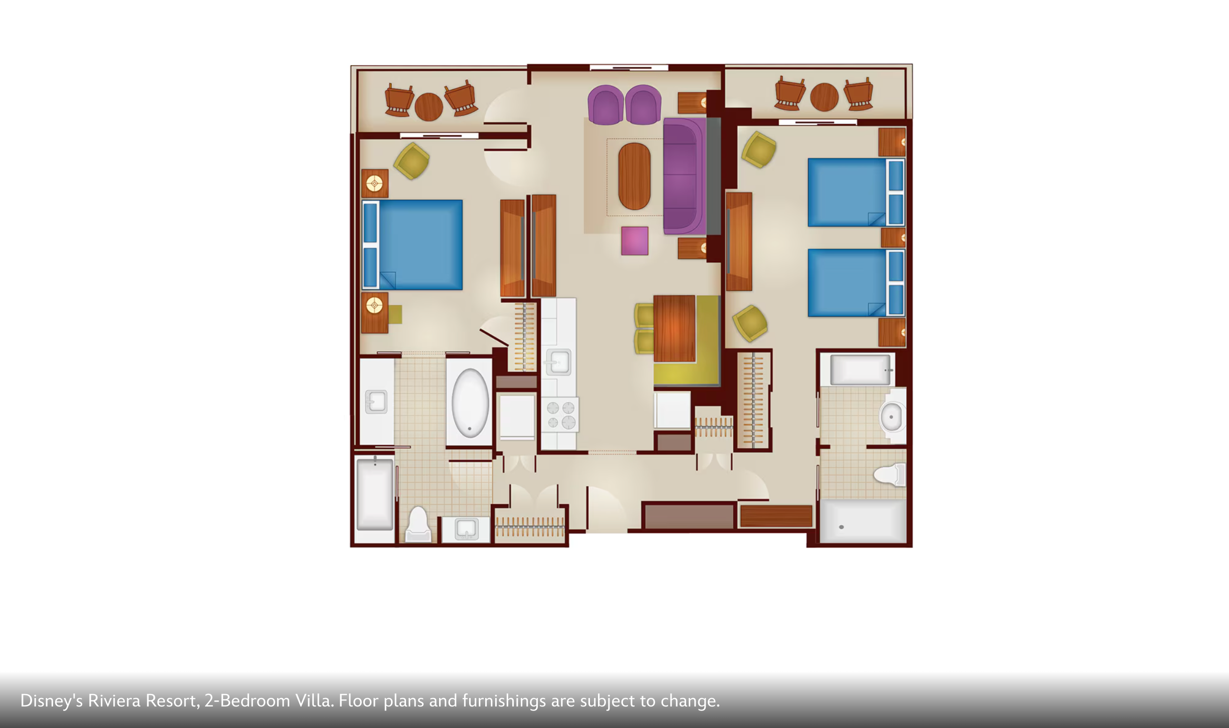 Two-bedroom resort suite floor plan with central living area and modern amenities.